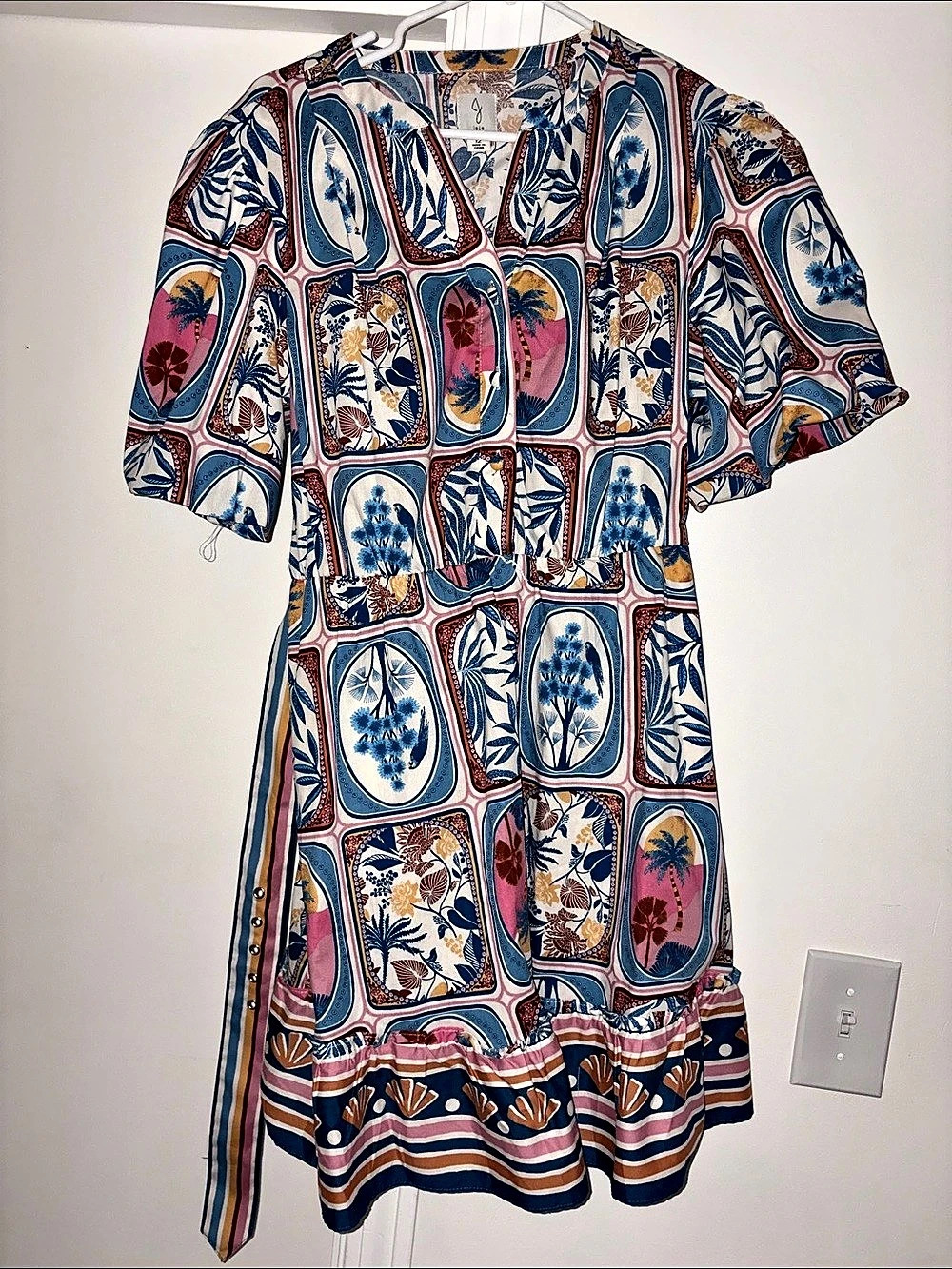 Johnny Was Button Front Drawstring Dress Mini Blue & White